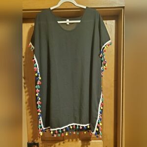 Black Tunic with Colorful Pom-Poms Womens Blouse